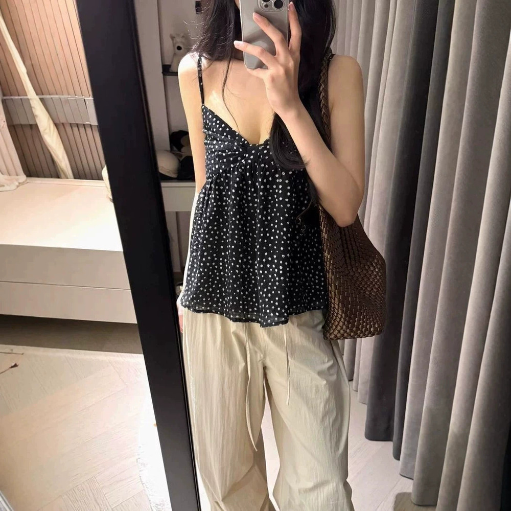 Zara Polka Dot Spaghetti Strap Babydoll Top Youthful